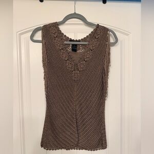 Vintage Brown Crochet Top with Tassel Beaded Sleeves